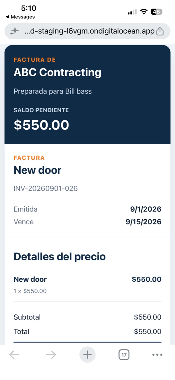 Una factura de ABC Contracting en el teléfono, con el saldo pendiente