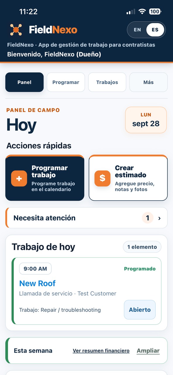 Panel móvil de FieldNexo con el trabajo programado para hoy