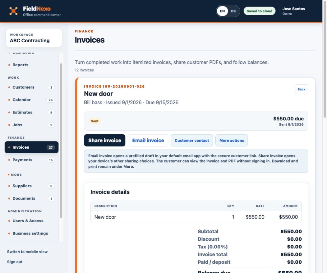 FieldNexo invoice on a computer, ready to email or share with the customer