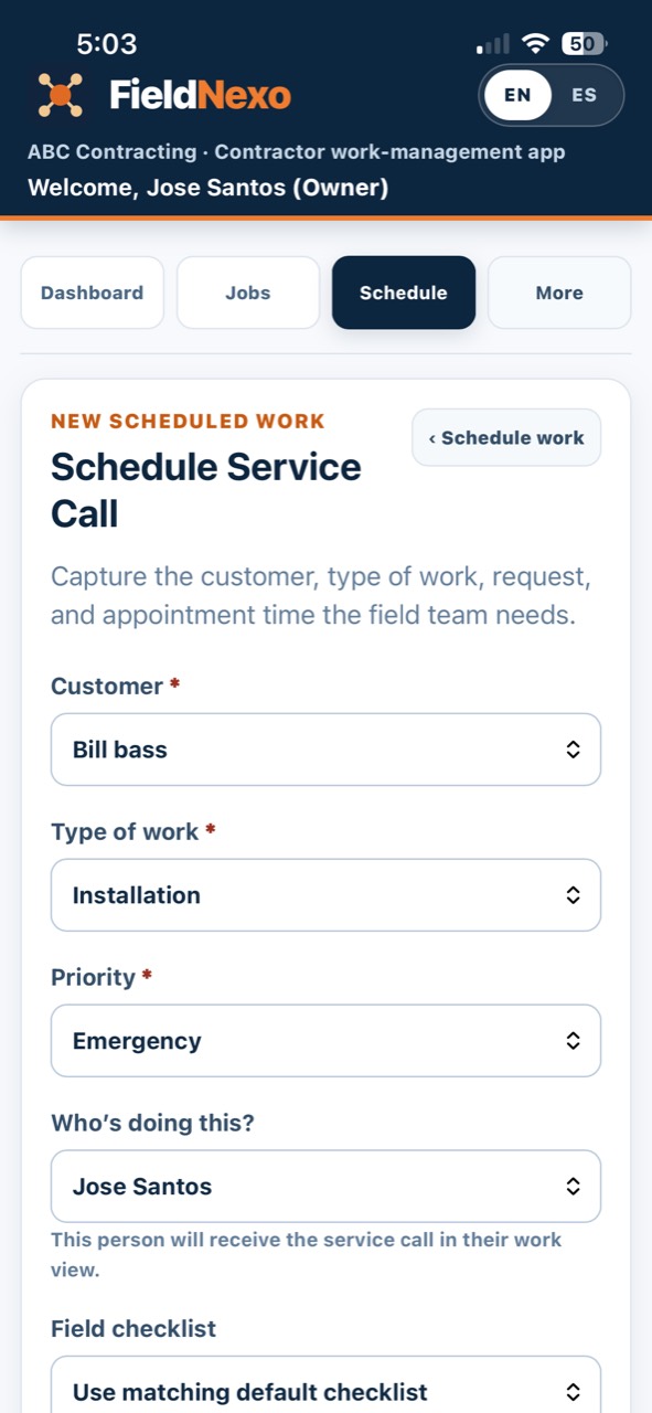 FieldNexo on a phone scheduling a service call with customer, type of work, priority, and assigned crew fields