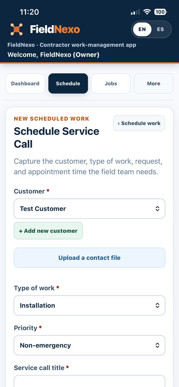 FieldNexo on a phone scheduling a service call with customer, work type, and priority fields