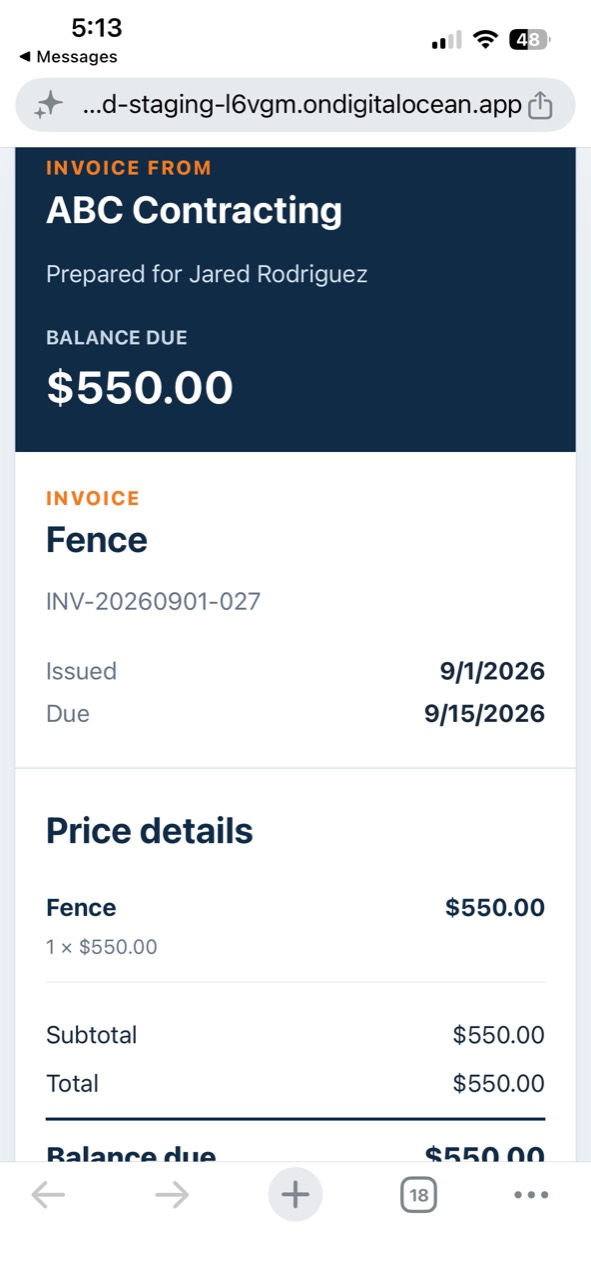An invoice from ABC Contracting shown on a phone, with the balance due and price details