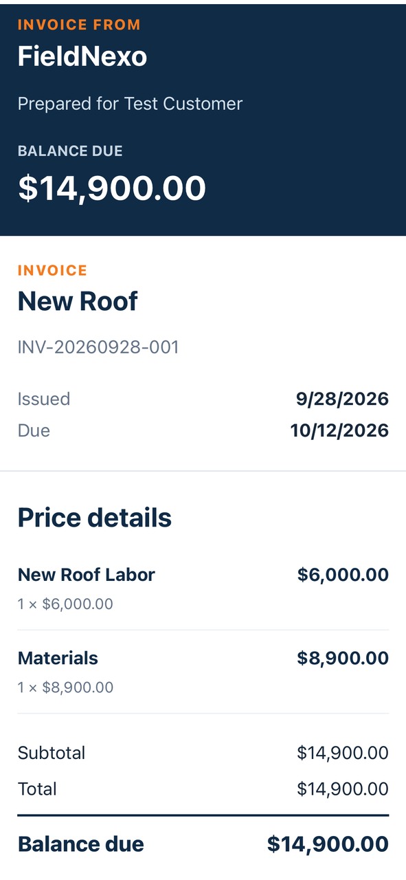 A FieldNexo roofing invoice shown on a phone with its balance due and price details