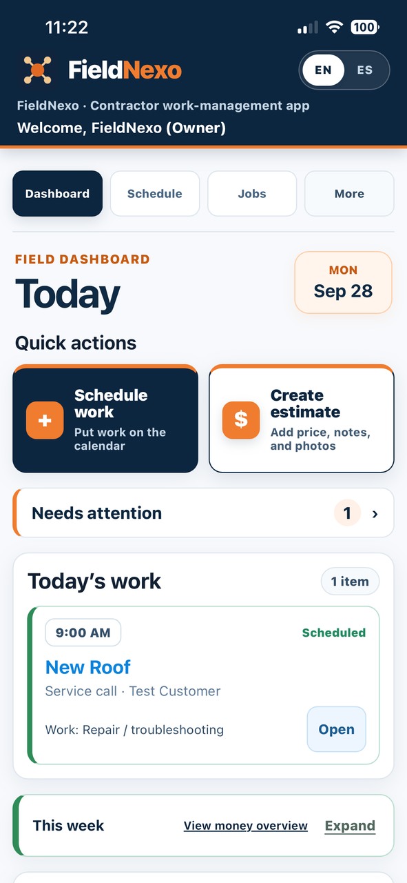 FieldNexo mobile dashboard with today’s scheduled work